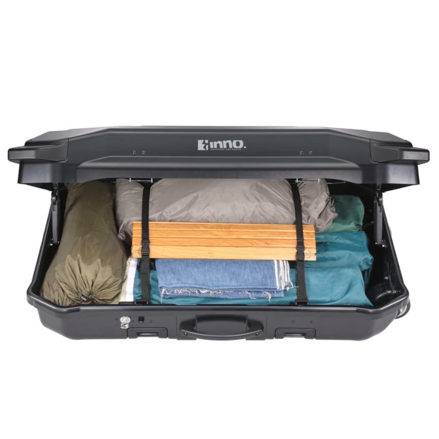 Inno BRL160MBK Gear Carry Cargo box opened with items that look like clothes inside