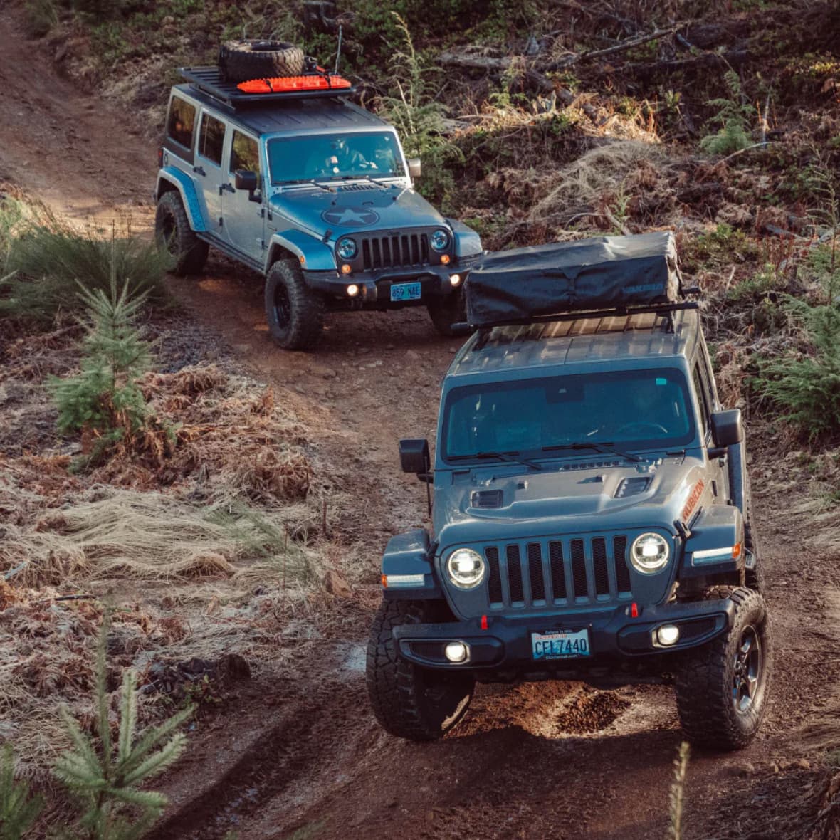 Lifestyle picture of Jeep Rubicon JLs off-roading down a hill with RibCages & Yakima LockNLoad platform racks installed
