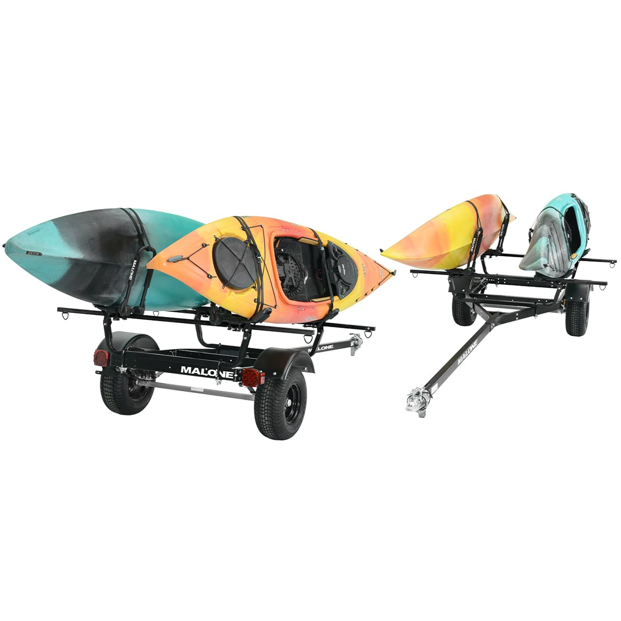 malone MPG441G2-BLK off-road trailer with kayaks rear and front view