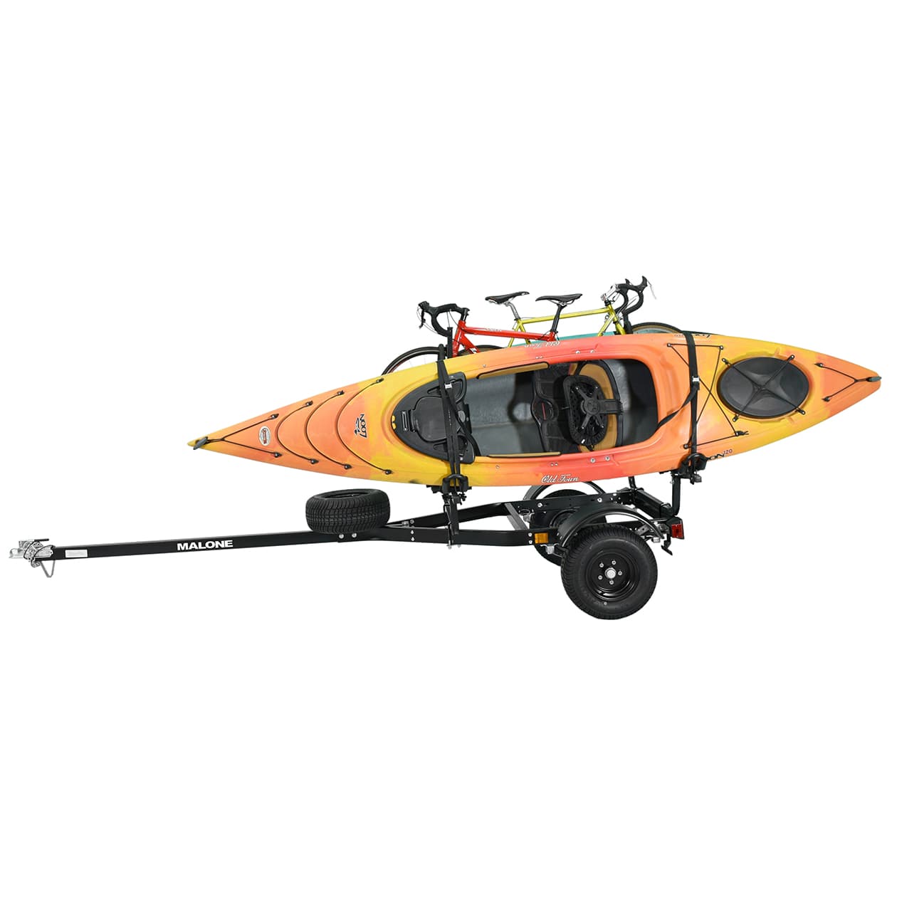 malone MPG441KB-BLK off-road trailer with bikes and kayaks side view