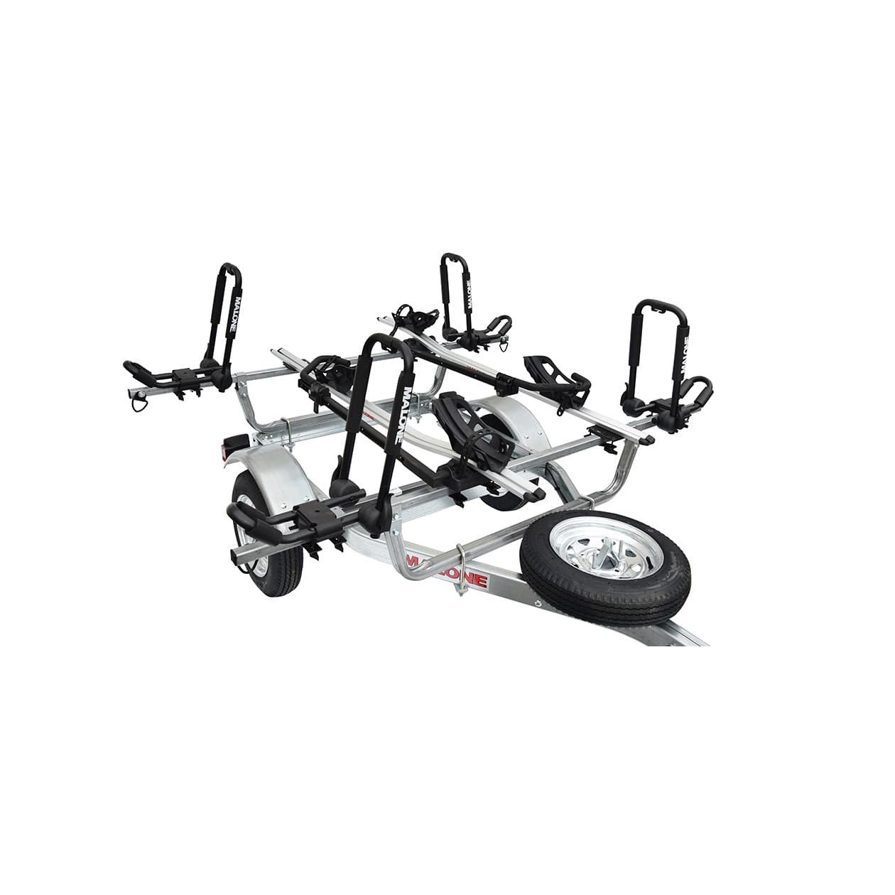 Malone MicroSport 2 Kayak/2 Bike Trailer, Spare Tire, 2 FoldAway-J Carriers, 2 Bike Racks
