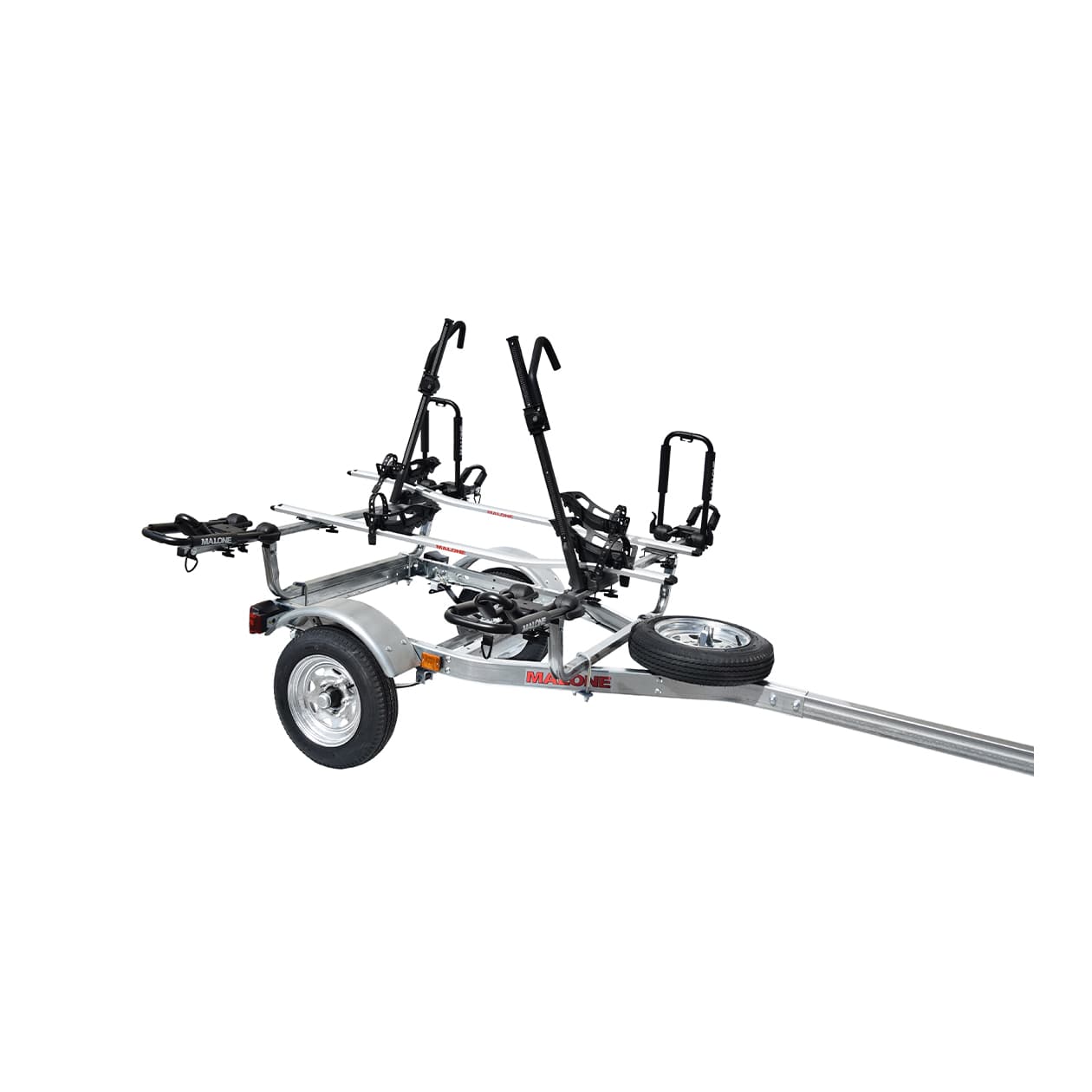 Malone MicroSport 2 Kayak/2 Bike Trailer, Spare Tire, 2 FoldAway-J Carriers, 2 Bike Racks 2