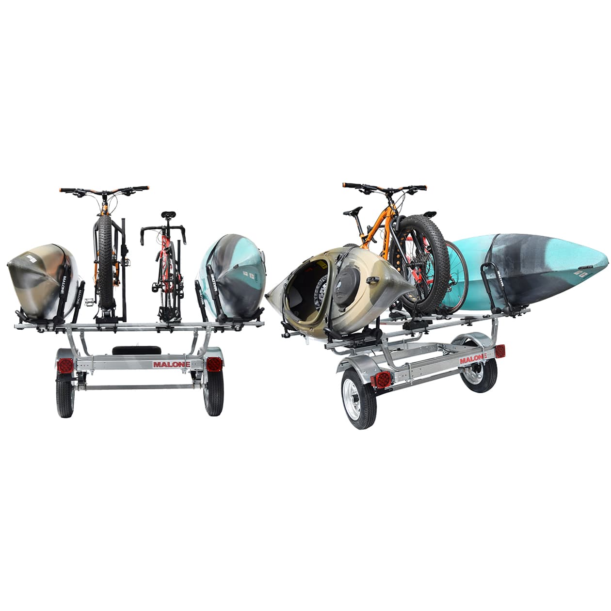 Malone MicroSport 2 Kayak/2 Bike Trailer, Spare Tire, 2 FoldAway-J Carriers, 2 Bike Racks 9