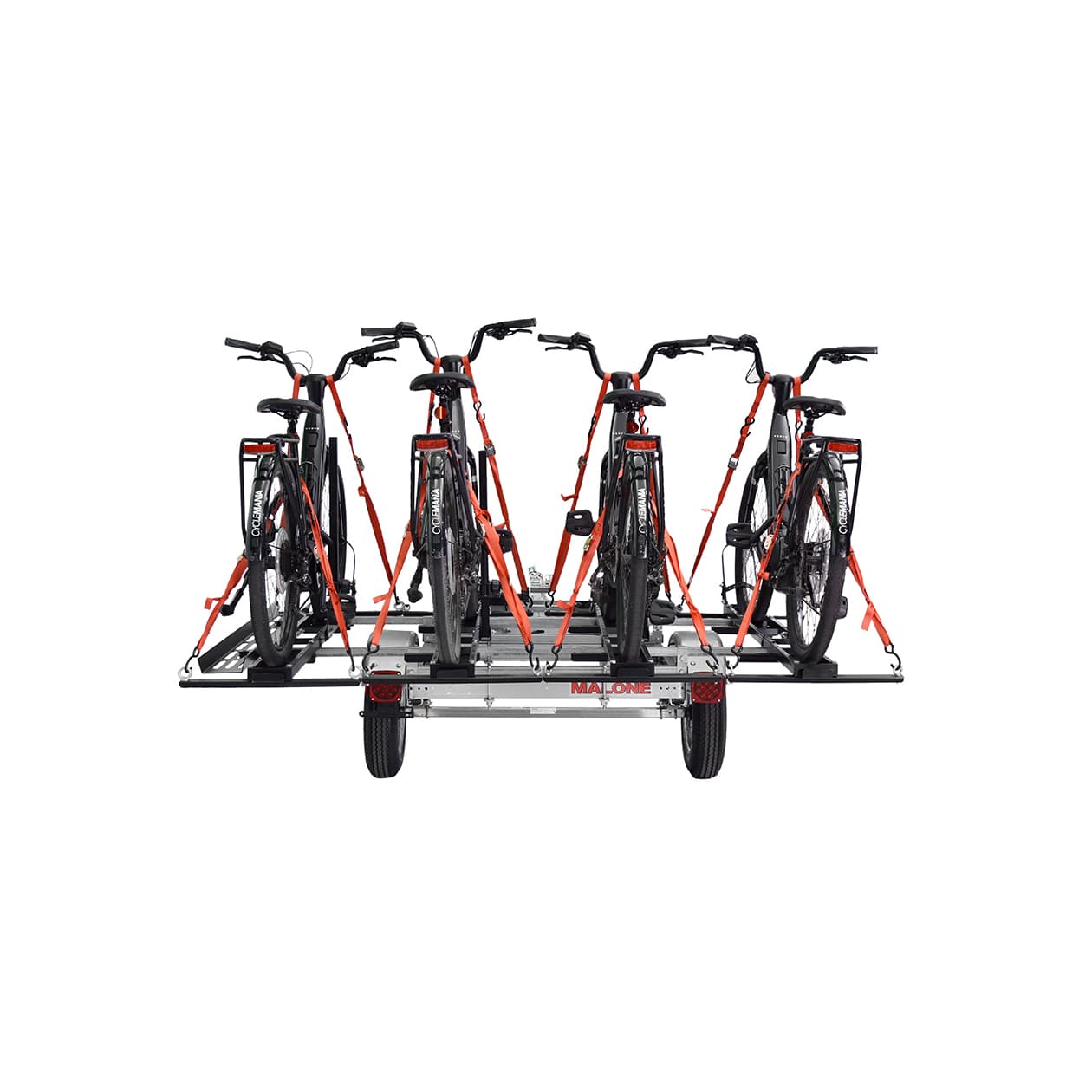MicroSport™ LowBed™ view from behind to show how bikes are strapped down to rack and trailer 4 E-Bike Trailer Package