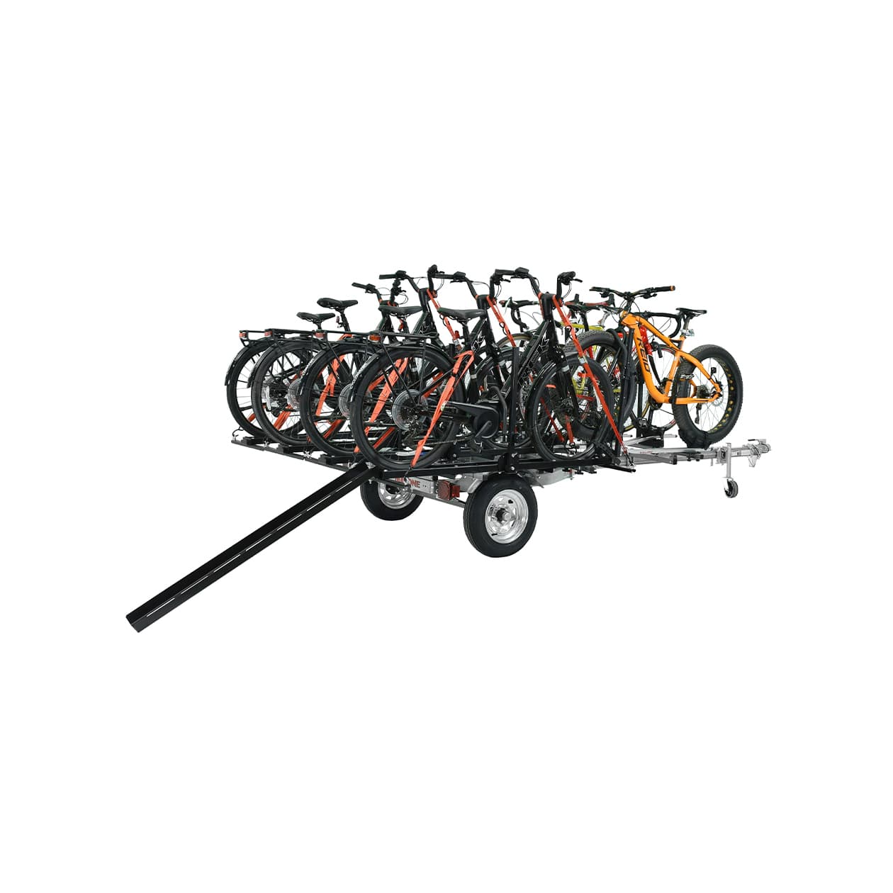 MicroSport™ LowBed™ 8 Bike Trailer Package loaded with bikes with bike ramp open