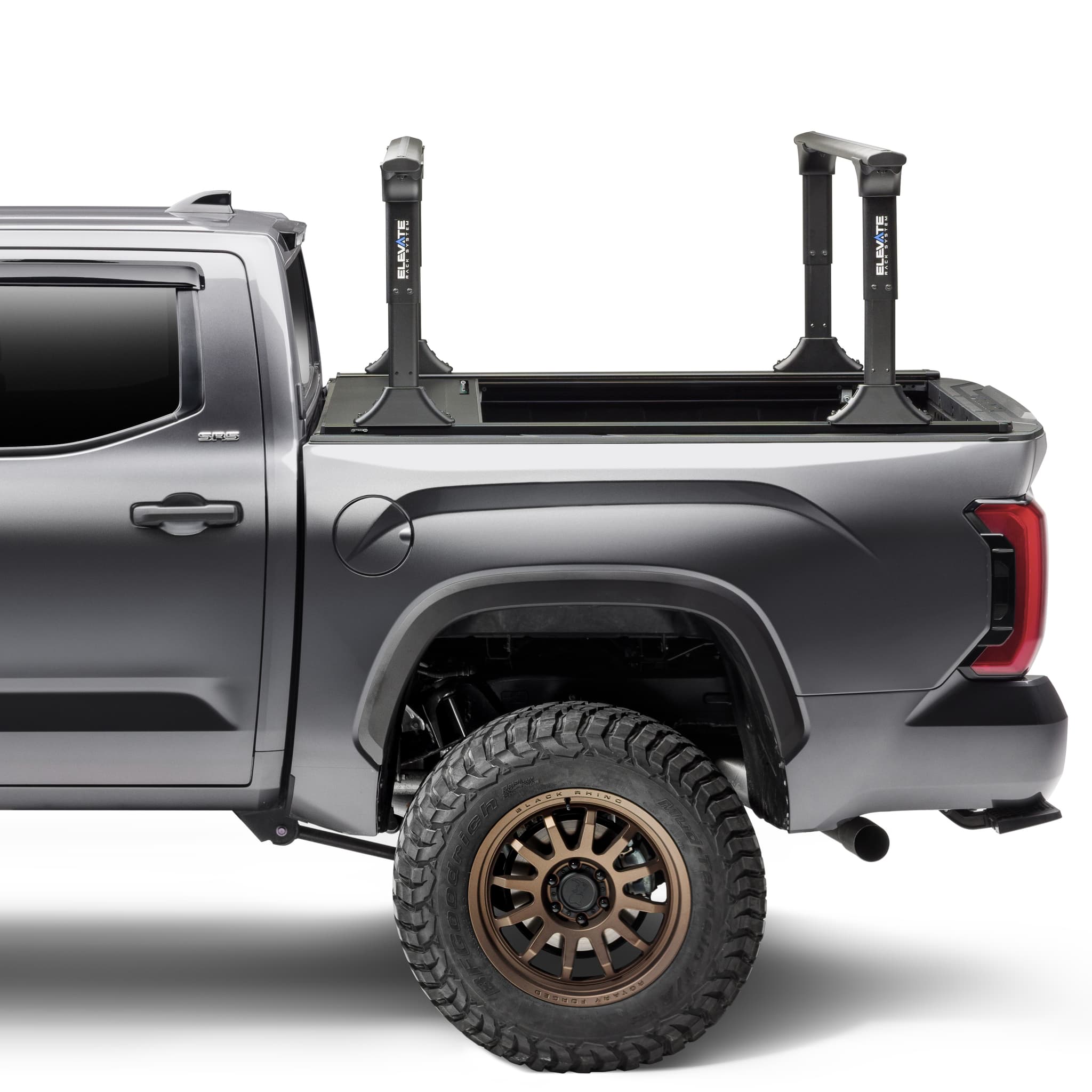 RetraxOne XR Tonneau Cover and TruXedo Elevate Truck Rack Tonneau Cover Open
