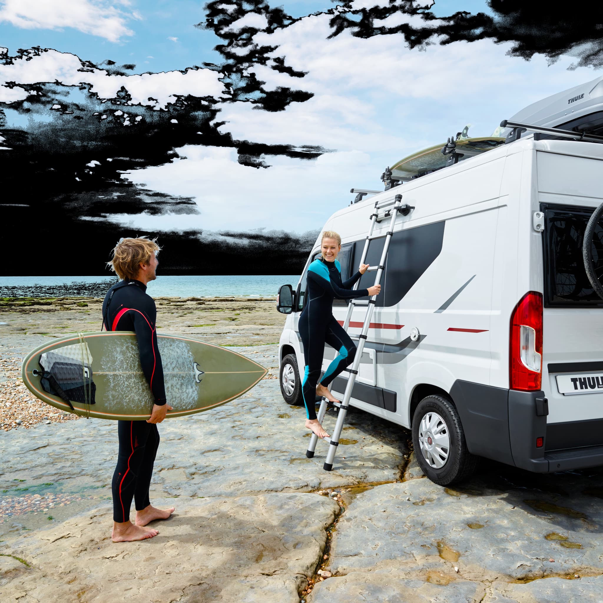 Woman Climbing up Thule Telescoping Van Ladder at a beach putting kayak on roof