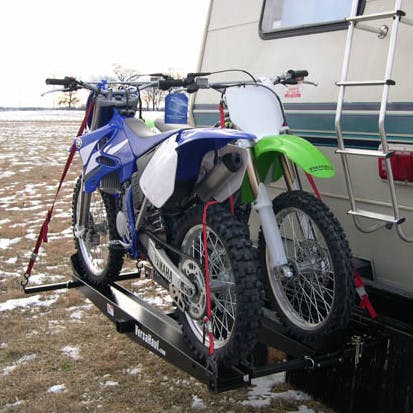 VersaHaul Double Motorcycle Carrier loaded with 2 Motorcycles on back of RV