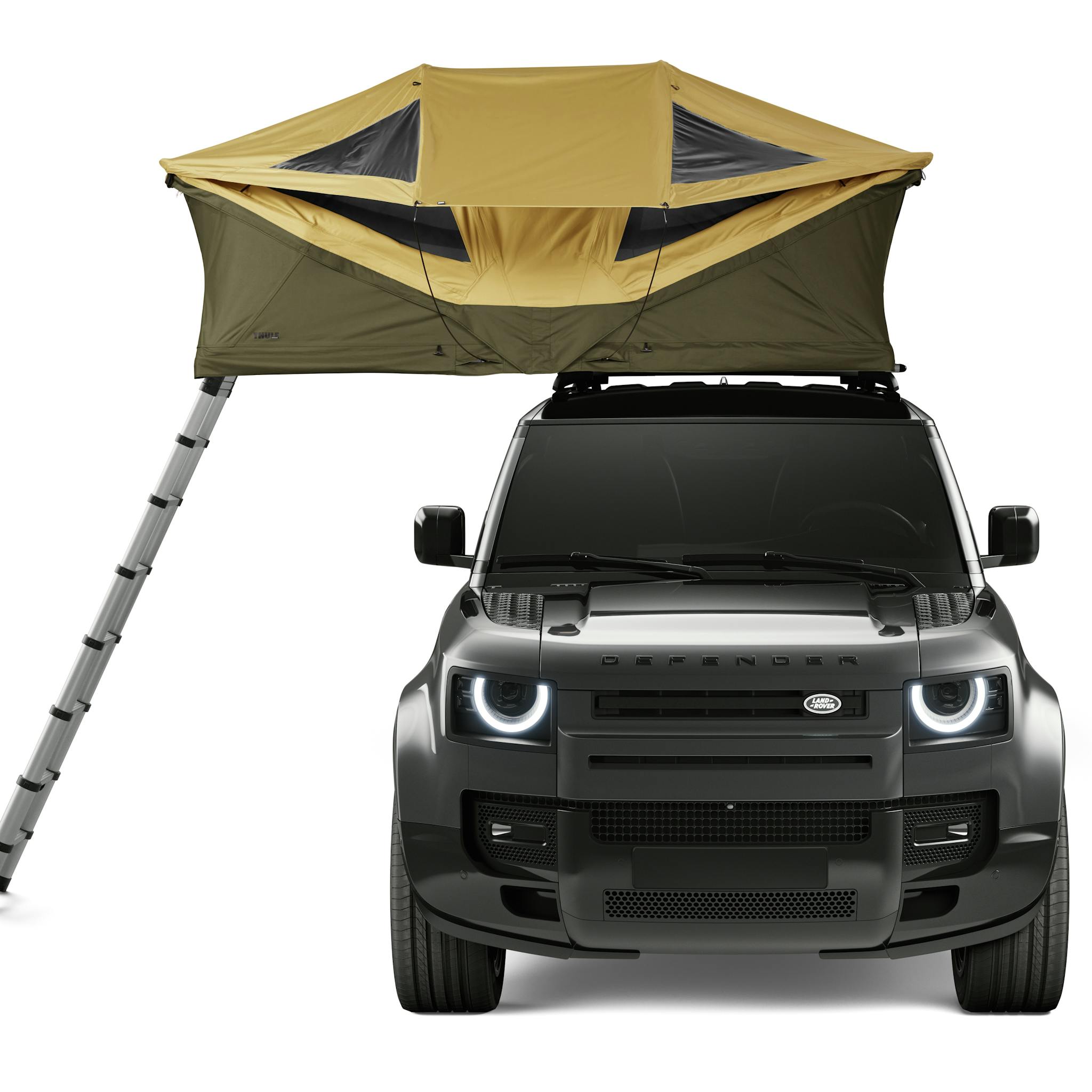 Fennel Tan Small Thule Approach Rooftop Tent on top of vehicle front view