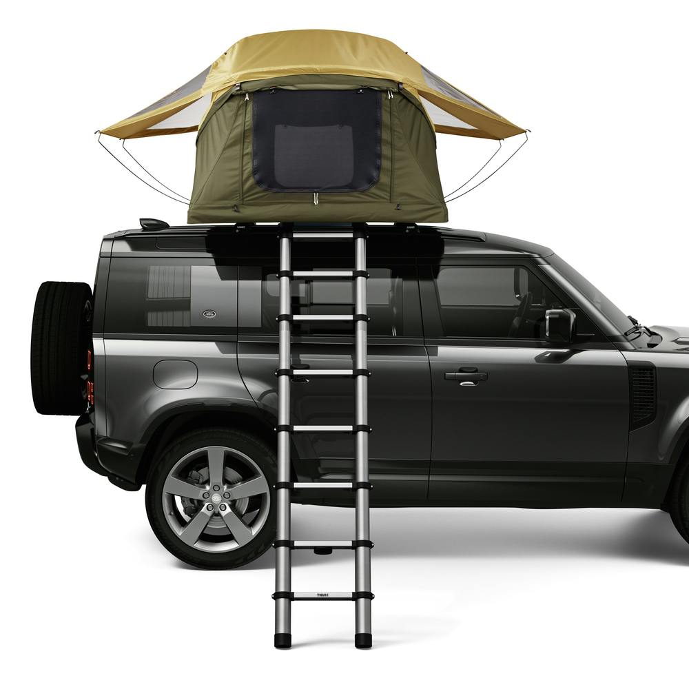 Fennel Tan Small Thule Approach Rooftop Tent on top of side view of tent