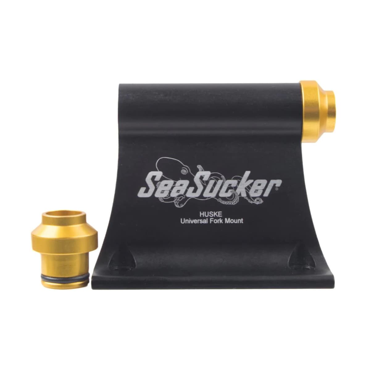 SeaSucker Fork Mount Body with 15x110 plugs inserted on white background