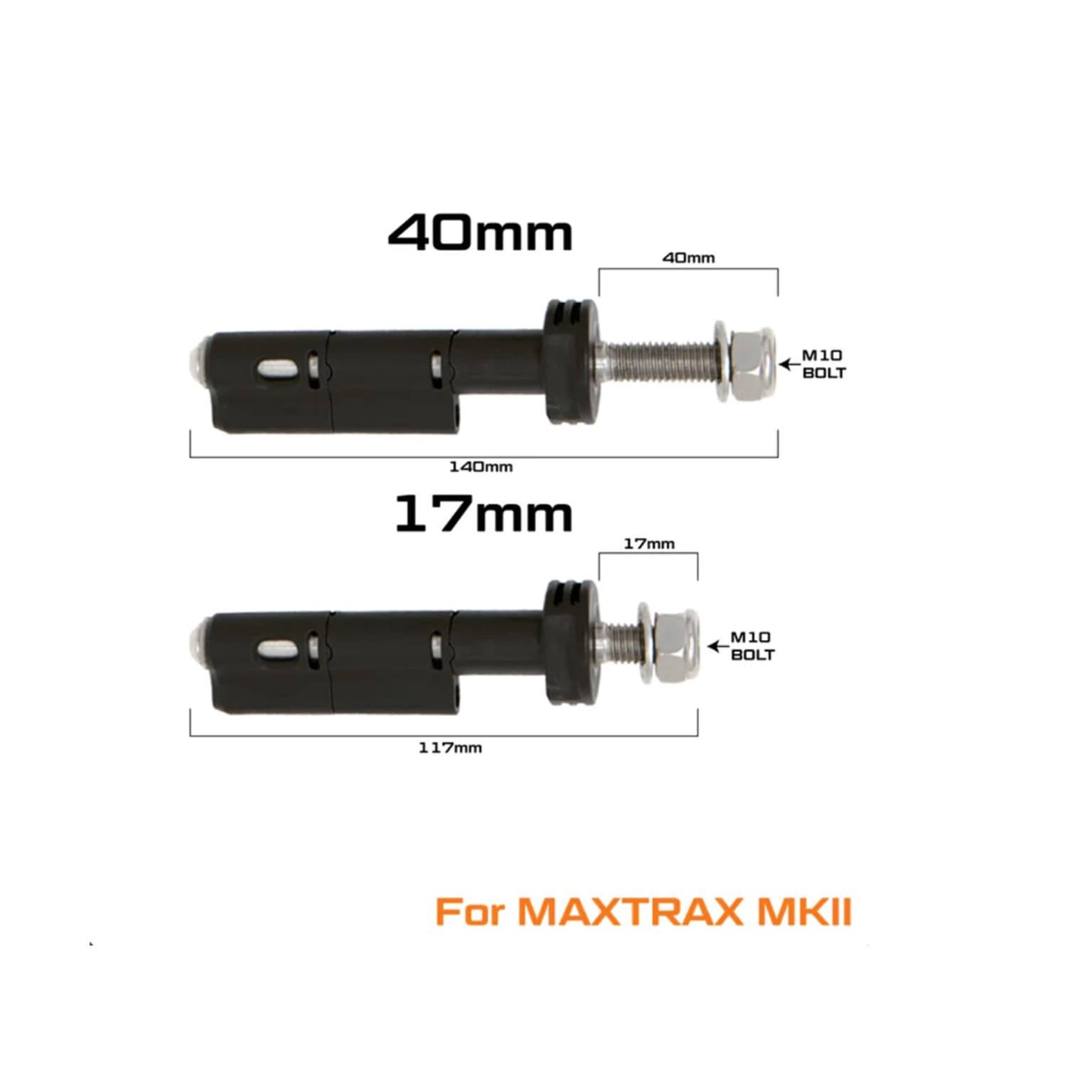 maxtrax mounting kit showing components and measurements on white background