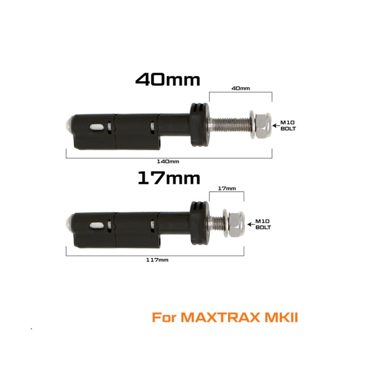 maxtrax mounting pin 17mm vs 40mm length chart
