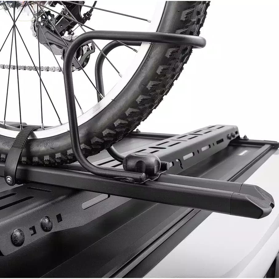 Close-up photo of bike wheel cradle loaded with a bike on Elevate Bike Rack