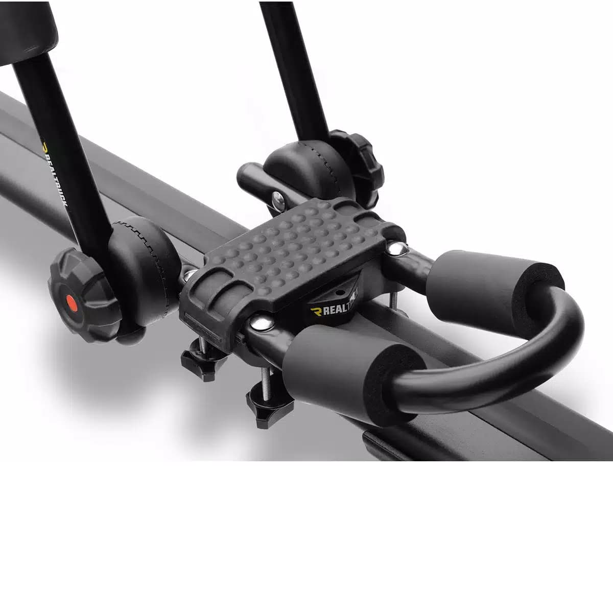 Close-up photo of J-cradle on the Elevate Kayak Rack installed on a black crossbar