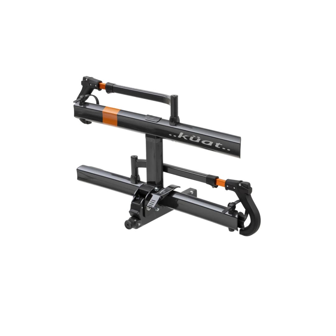 orange & gray sherpa hitch rack folded up on white background