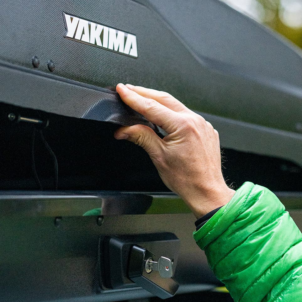 Close up of latching system opening yakima nx cargo box