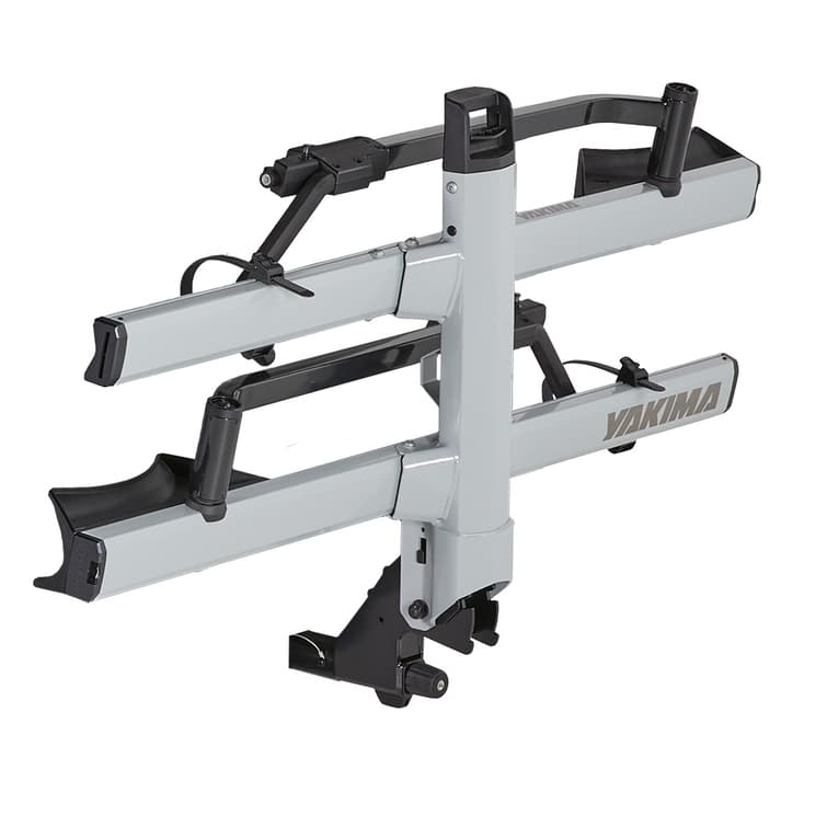 StageTwo 2" platform hitch rack in black folded up in slate gray on white background