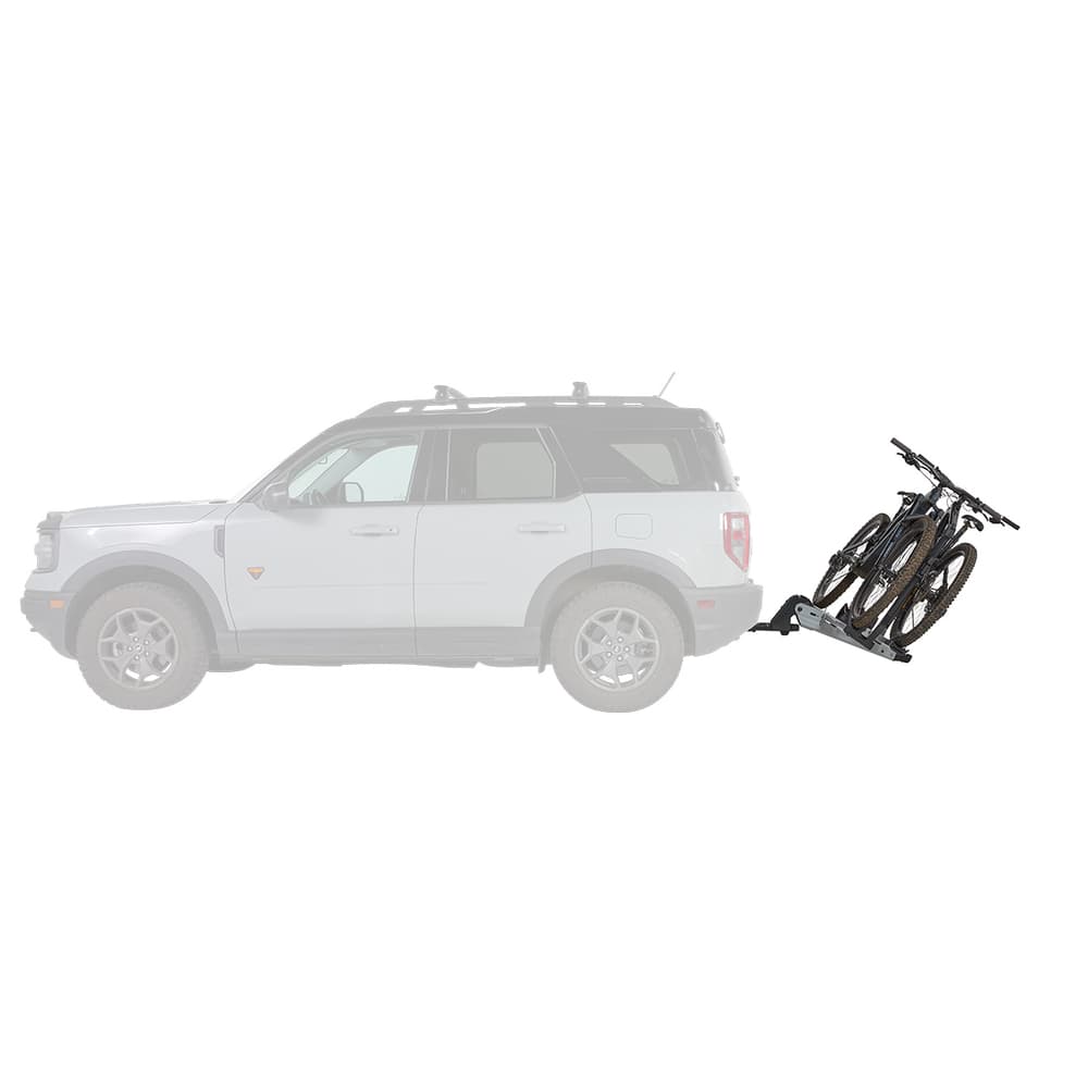 Yakima StageTwo platform hitch bike rack installed on SUV - side view tilted down