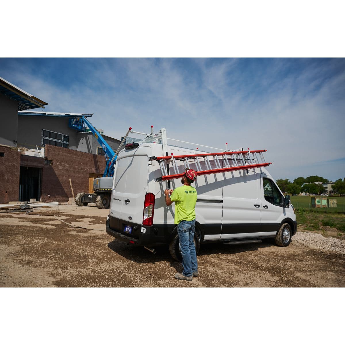 WeatherGuard 2291-3-01 EZGLIDE2 Extended Drop-Down Van Ladder Rack on the Jobsite