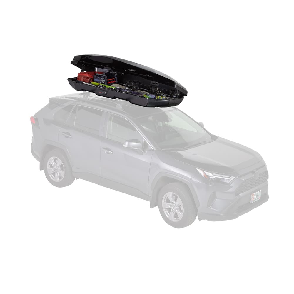 Yakima CBX XXL cargo box opened up on top of grayed out SUV on white background